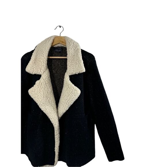 ZARA Knit Black Long Sleeve Faux Sherpa Collared Sweater Size L Open Pockets - Picture 3 of 13